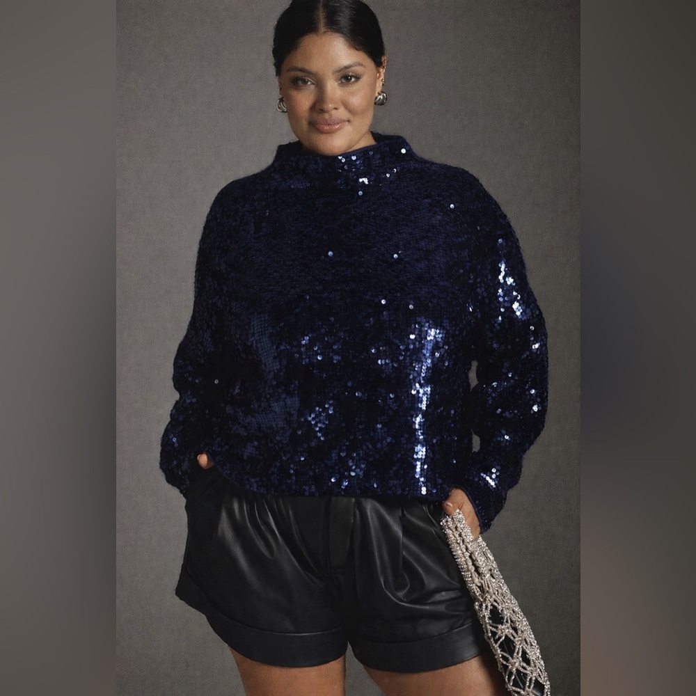Pilcro Alani 100% Cashmere Sequined Mock-Neck Sweater – Boxy Fit, Navy, XL